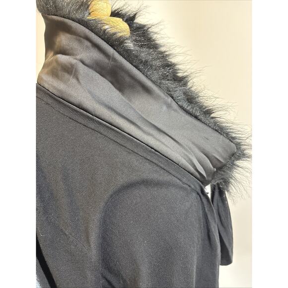 Black Faux Fur Trim Silk Blend Cardigan XL Y2K Mob Wife Witchy Goth Spense - Picture 7 of 16